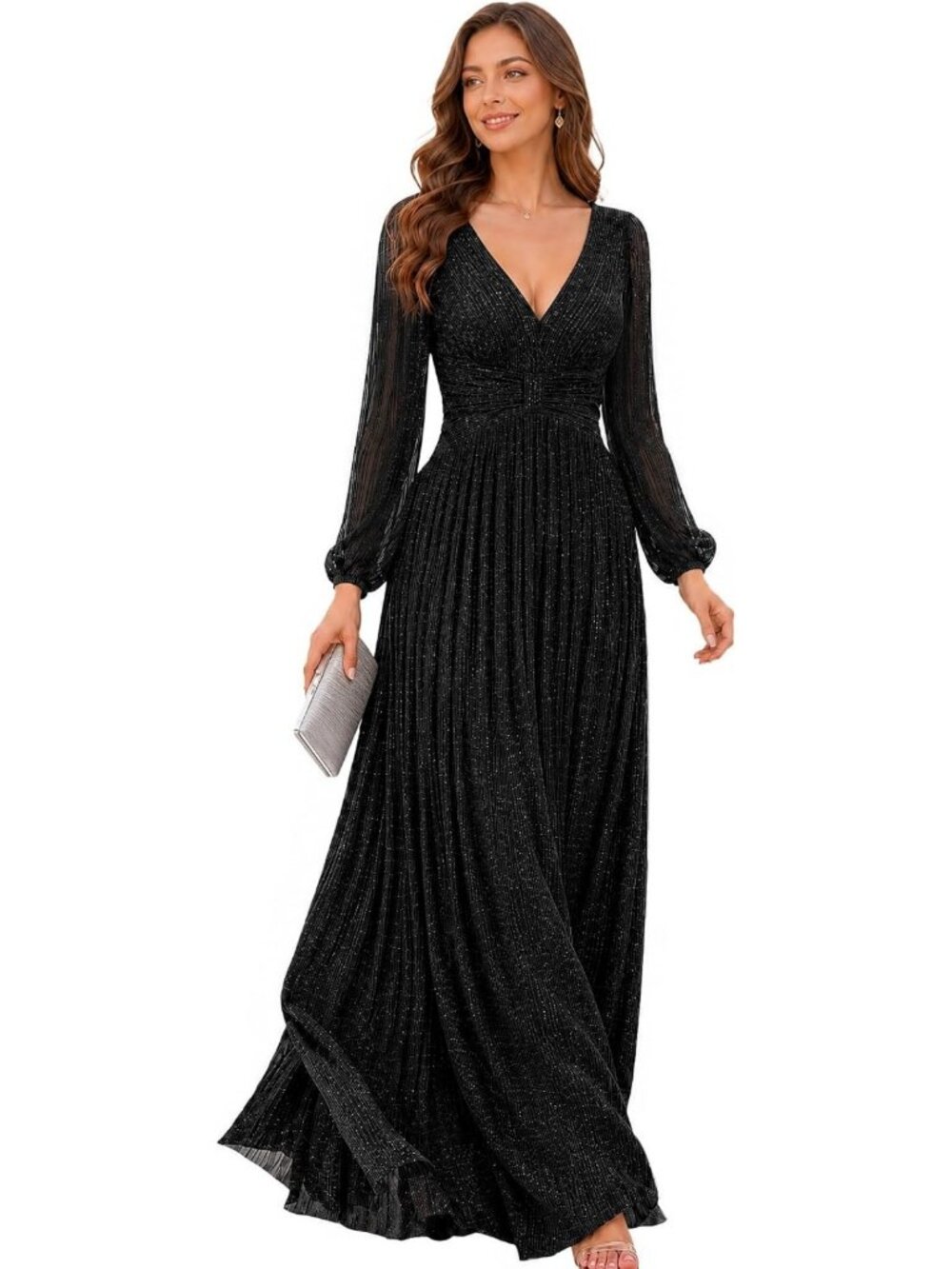 Elegant Long Sleeve Formal Dress | Glitter Evening Gown for Fall Events